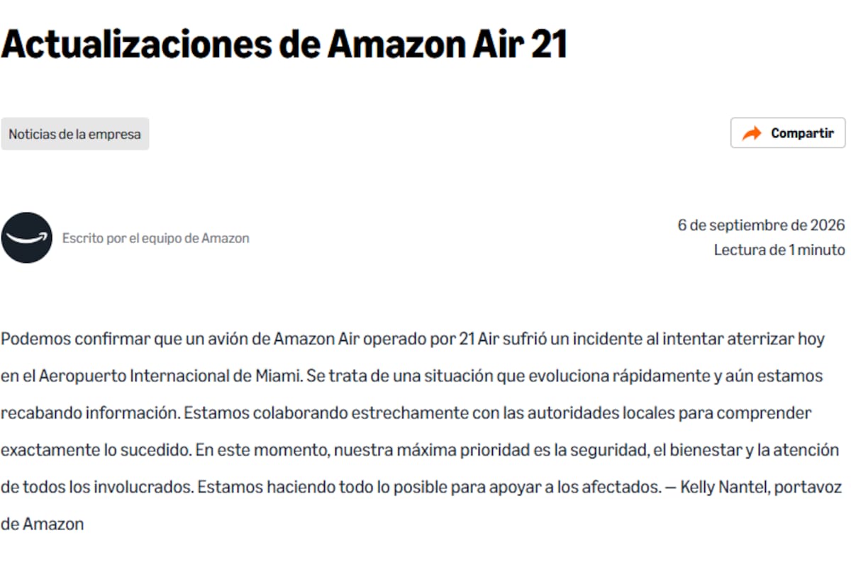 El comunicado de Amazon tras el despiste de un avión de carga con su nombre en Miami