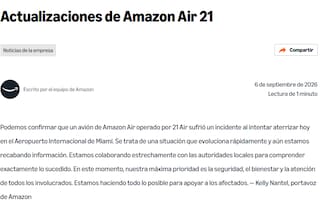 Habló Amazon tras el despiste de un avión de carga en el aeropuerto de Miami