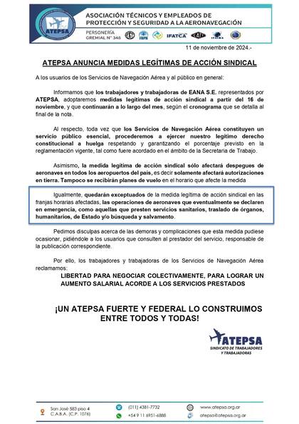 El comunicado de Atepsa sobre el paro en las últimas semanas de noviembre
