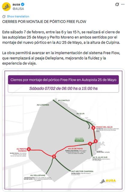 El comunicado de AUSA que anuncia el cierre de las autopistas 25 de Mayo y Perito Moreno (X: @AUSA)