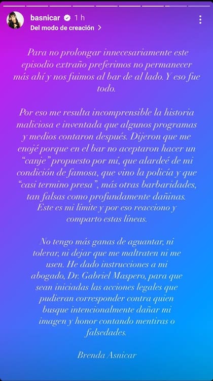 El comunicado de Brenda Asnicar luego de que trascendiera su supuesto altercado en un bar de Miami (3/3)