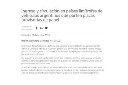 El comunicado de Cancillería sobre el ingreso y circulación en países limítrofes de vehículos argentinos que porten placas provisorias de papel