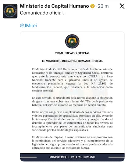El comunicado de Capital Humano
