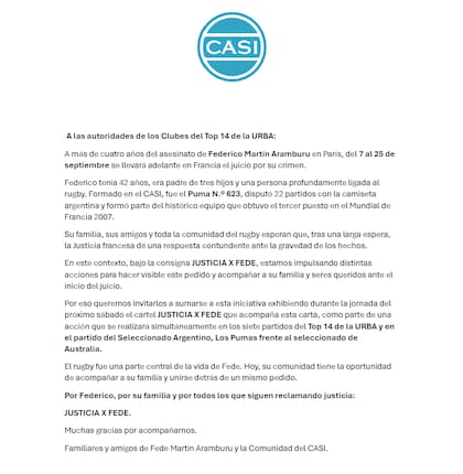 El comunicado de CASI con el pedido para el rugby argentino por Federico Martín Aramburú