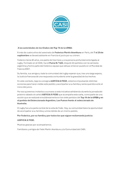 El comunicado de CASI que pide acompañar el reclamo de justicia desde el Top 14 de la URBA