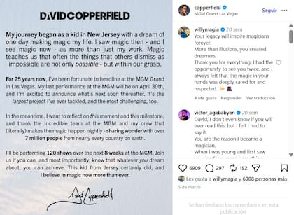 El comunicado de Copperfield donde indicó que el 30 de abril de 2026 fue su último show de magia en Las Vegas