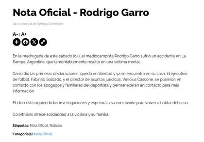 El comunicado de Corinthians sobre el caso Garro