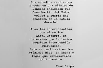 El comunicado del parte médico de Del Potro