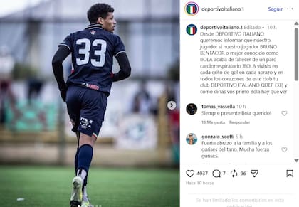 El comunicado de Deportivo Italiano por la muerte de Bruno Betancor