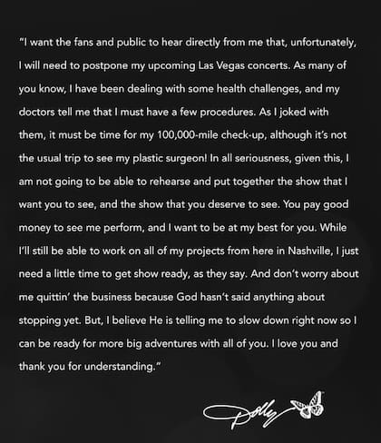 El comunicado de Dolly Parton sobre sus presentaciones en Las Vegas (Fuente: @dollyparton)