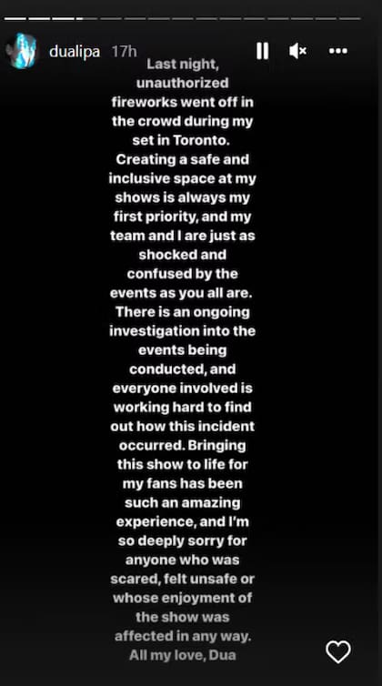 El comunicado de Dua Lipa sobre el incidente en Toronto (Foto: Instagram @dualipa)