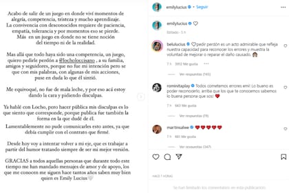 El comunicado de Emily donde se disculpó públicamente con su excompañero de programa Locho Loccisano