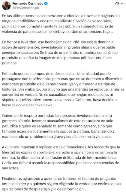 El comunicado de Fernando Cerimedo