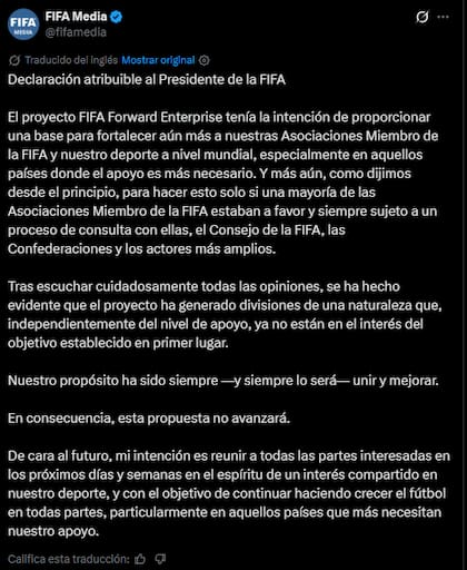 El comunicado de FIFA en redes sociales
