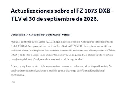 El comunicado de Flydubai tras el incidente con un avión este miércoles.