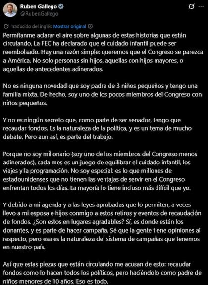 El comunicado de Gallego tras las acusaciones de utilizar fondos de campañas en gastos familiares