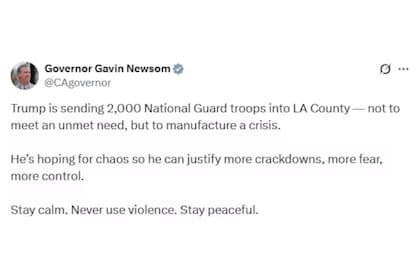 El comunicado de Gavin Newsom tras el despliegue de 2000 miembros de la Guardia Nacional a Los Ángeles