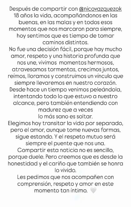 El comunicado de Gimena Accardi donde anunció su separación de Nicolás Vázquez
