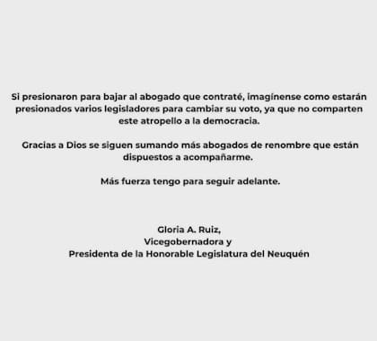 El comunicado de Gloria Ruiz sobre la renuncia de sus abogados