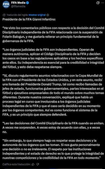 El comunicado de Infantino en redes sociales tras quitarle la sanción a Balogun