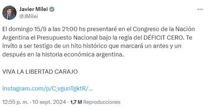 El comunicado de Javier Milei en X