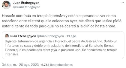 El comunicado de Juan Etchegoyen tras la internación de Horacio Cirio