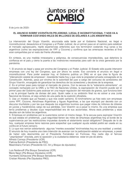 El comunicado de Juntos por el Cambio