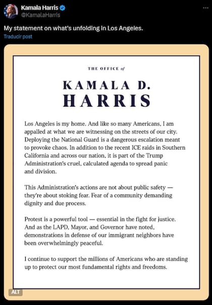El comunicado de Kamala Harris por los incidentes en Los Ángeles