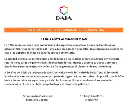 El comunicado de la DAIA