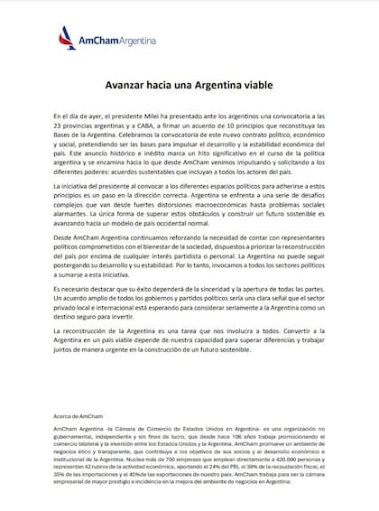El comunicado de la Amcham