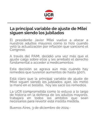 El comunicado de la UCR.