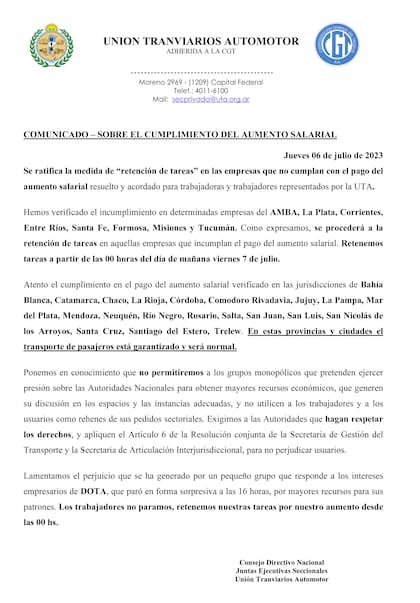 El comunicado de la UTA