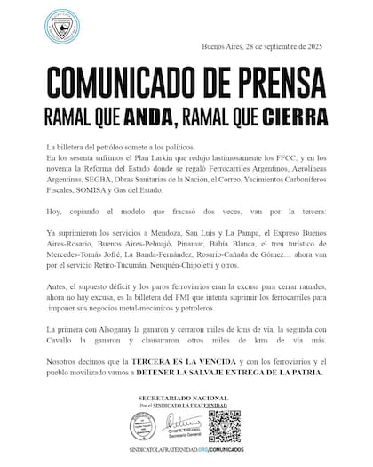 El comunicado de La Fraternidad.