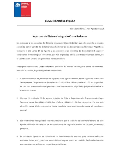 El comunicado de la reapertura