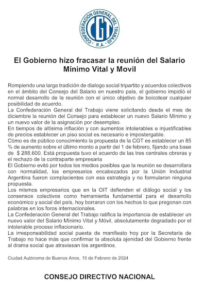 El comunicado de la CGT
