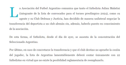 El comunicado de la AFA sobre la situación de Julián Malatini, que dejó la concentración