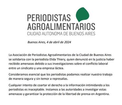El comunicado de la Asociación de Periodistas Agroalimentarios de la ciudad de Buenos Aires