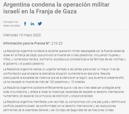 El comunicado de la Cancillería: "La Argentina condena la operación militar israelí en la Franja de Gaza"
