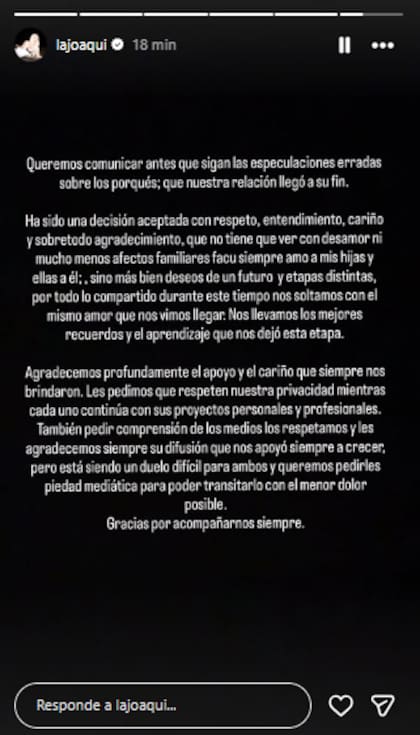 El comunicado de la cantante para confirmar la ruptura (Foto: Instagram)