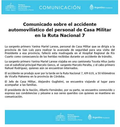 El comunicado de la Casa Militar por la muerte de Yanina Mariel Larese