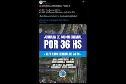 El comunicado de la CGT por el paro del 10 de abril