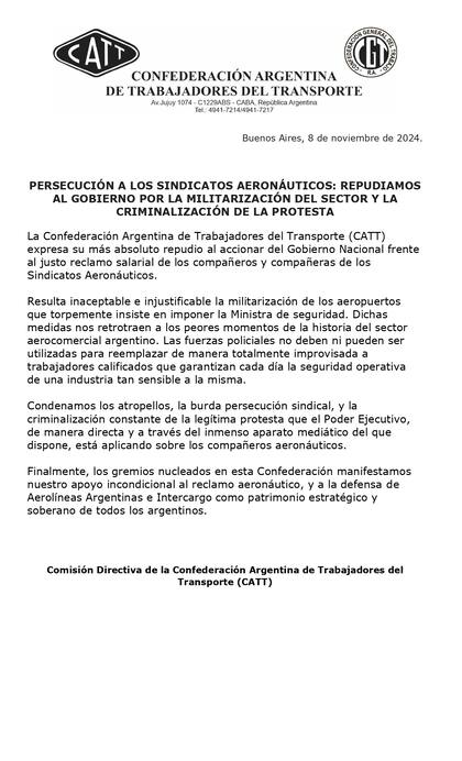 El comunicado de la Confederación Argentina de Trabajadores del Transporte (CATT)