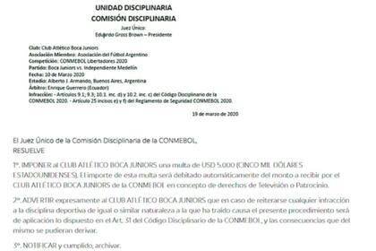 El comunicado de la Conmebol con la sanción