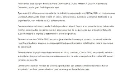 El comunicado de la Conmebol luego de los incidentes ocurridos en la previa de la final de la Copa América