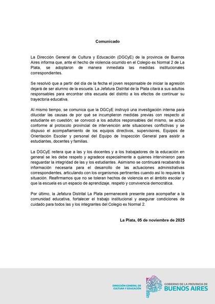 El comunicado de la Dirección General de Cultura y Educación