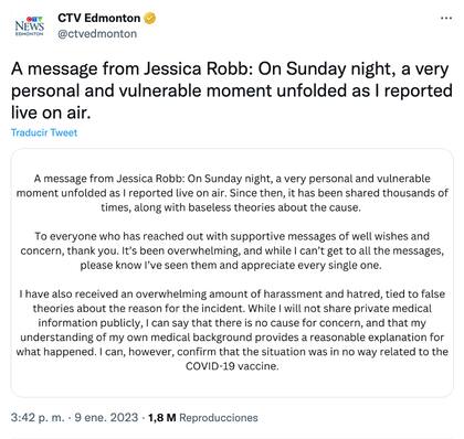 El comunicado de la empresa canadiense, en la que trabaja Jessica Robb