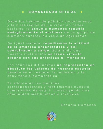 El comunicado de la escuela Humanos.