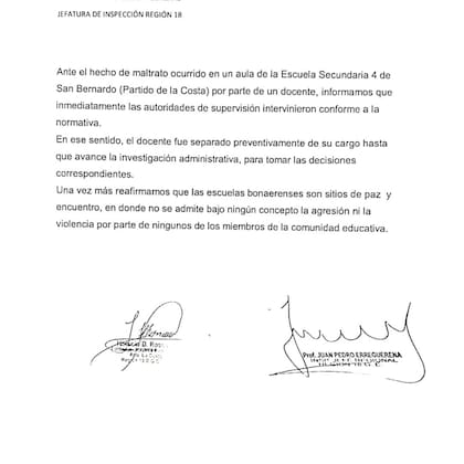 El comunicado de la Escuela Secundaria 4 de San Bernardo