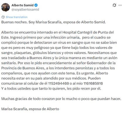 El comunicado de la esposa de Alberto Samid (X: @soyalbertosamid)