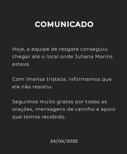El comunicado de la familia confirmando su muerte (Foto: @resgatejulianamarins)